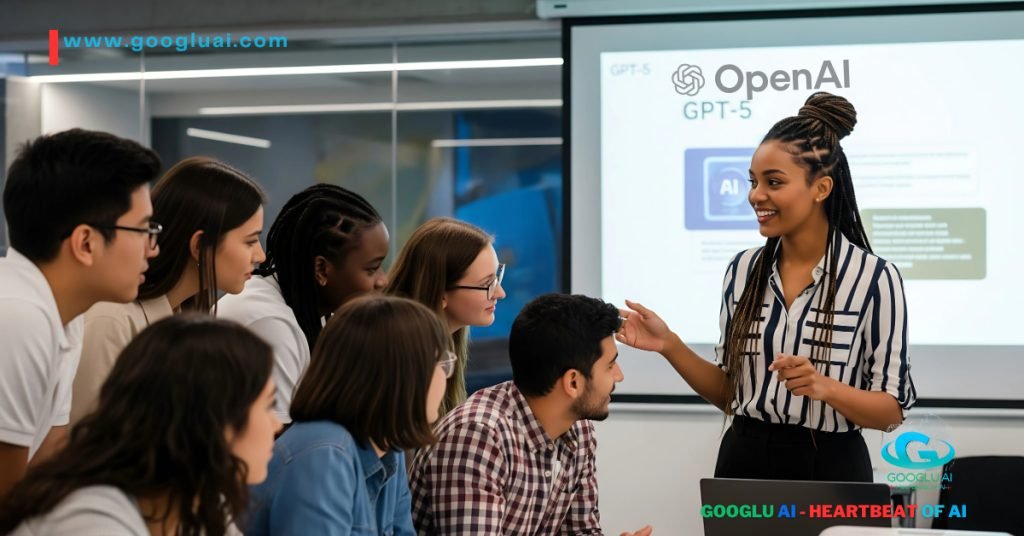 An engaging female presenter in a classroom setting discusses the upcoming OpenAI GPT-5, with a presentation slide showing 'GPT-5' and 'OpenAI', signaling the highly anticipated GPT-5 release date and what to expect from GPT-5 and ChatGPT-5.