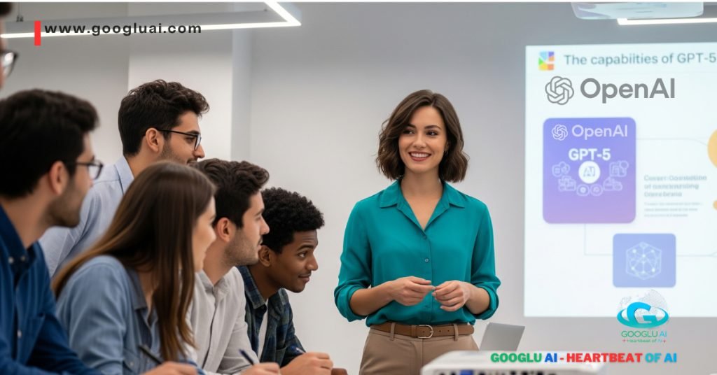 A confident presenter explains the capabilities of OpenAI's GPT-5 to an engaged audience, with a presentation slide in the background highlighting 'The capabilities of GPT-5' and the OpenAI logo, underscoring the anticipation for GPT-5 and ChatGPT-5.