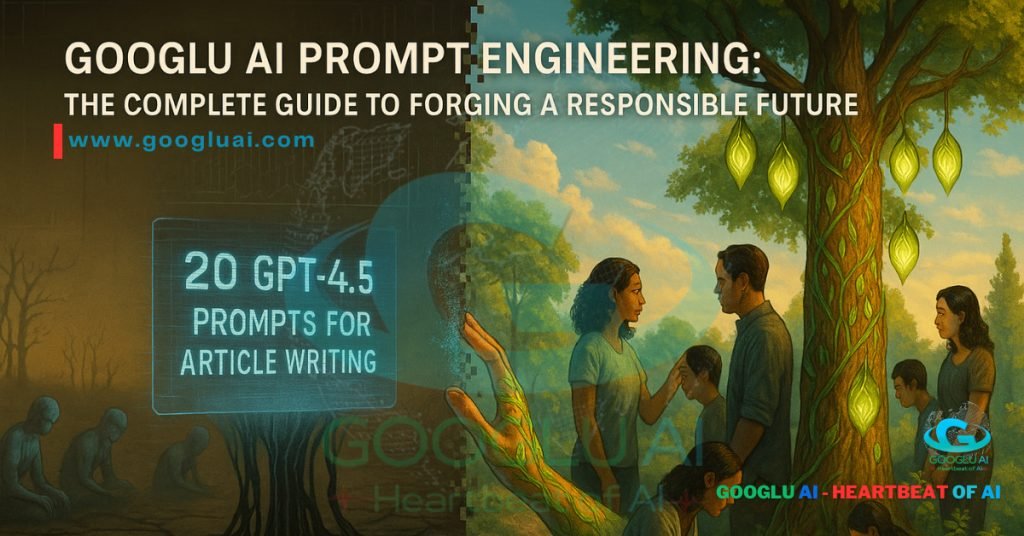 Googlu AI Prompt Engineering: The Complete Guide to Forging a Responsible Future, featuring "20 GPT-4.5 Prompts for Article Writing" in a scene depicting the transformation from a desolate AI landscape to a vibrant, human-inclusive future guided by an illuminated hand.