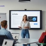 A diverse group of professionals attentively listening to a female presenter discussing "High-Demand AI Skills" on a large screen in a modern meeting room, signifying the importance of acquiring AI competencies for the future workforce.