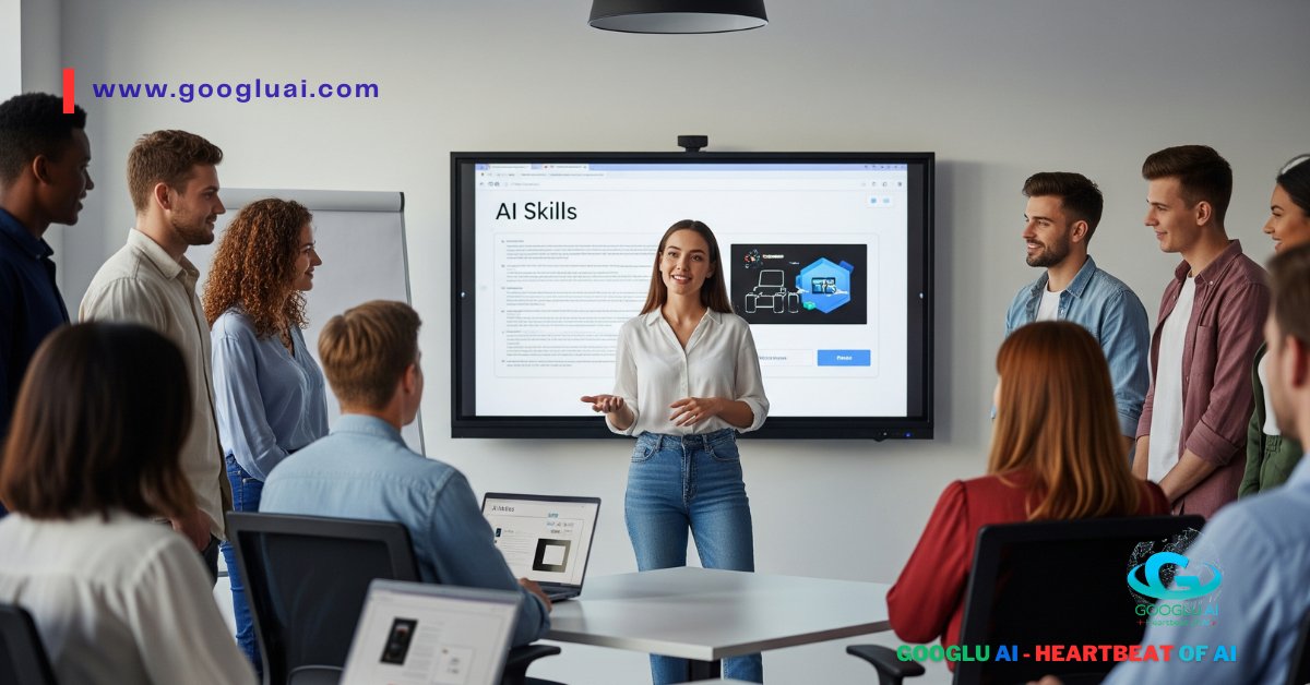 A diverse group of professionals attentively listening to a female presenter discussing "High-Demand AI Skills" on a large screen in a modern meeting room, signifying the importance of acquiring AI competencies for the future workforce.