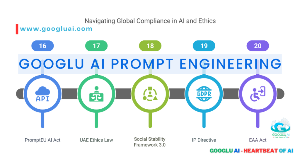 Googlu AI Prompt Engineering: Navigating Global Compliance in AI and Ethics, featuring key regulatory frameworks like PromptEU AI Act, UAE Ethics Law, Social Stability Framework 3.0, IP Directive, and EAA Act, relevant for GPT-4.5 Prompts for Article Writing.