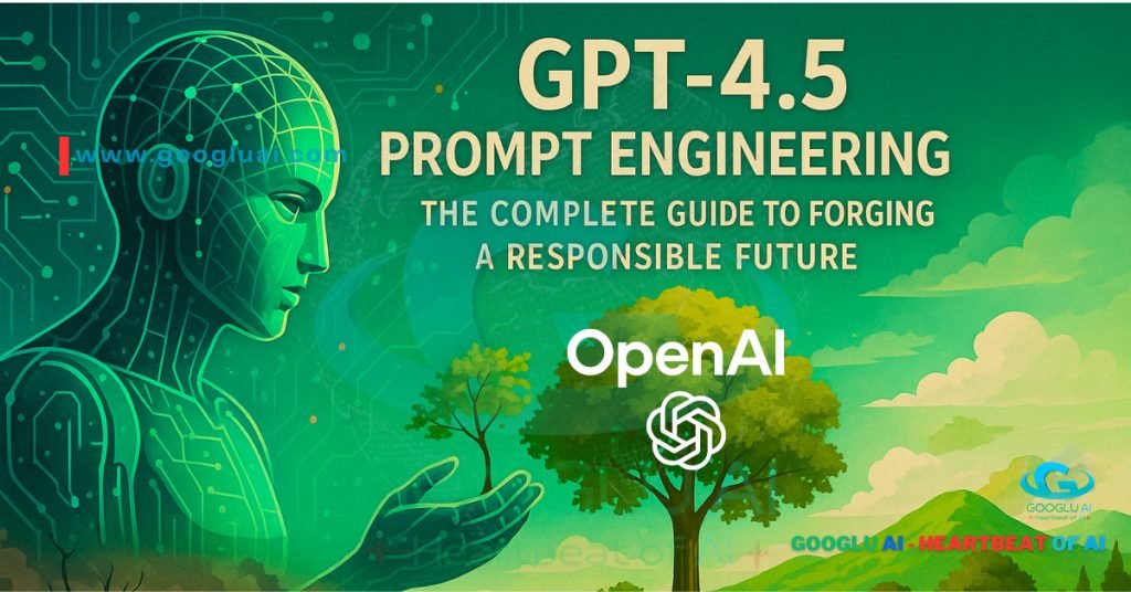 Googlu AI Prompt Engineering: GPT-4.5 Prompt Engineering - The Complete Guide to Forging a Responsible Future, featuring a schematic human figure reaching towards a natural landscape with trees and the OpenAI logo, symbolizing harmonious AI development for GPT-4.5 Prompts for Article Writing.