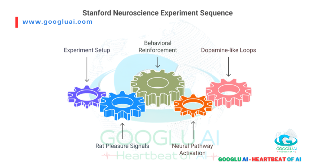 A schematic diagram titled "Stanford Neuroscience Experiment Sequence," featuring five interconnected gears labeled "Experiment Setup," "Behavioral Reinforcement," "Dopamine-like Loops," "Rat Pleasure Signals," and "Neural Pathway Activation." This visual metaphor illustrates complex, interlocking biological processes relevant to the study of advanced neural systems, offering insights applicable to the development of sophisticated Reka AI models and the ongoing exploration of AI consciousness: trends and possibilities.