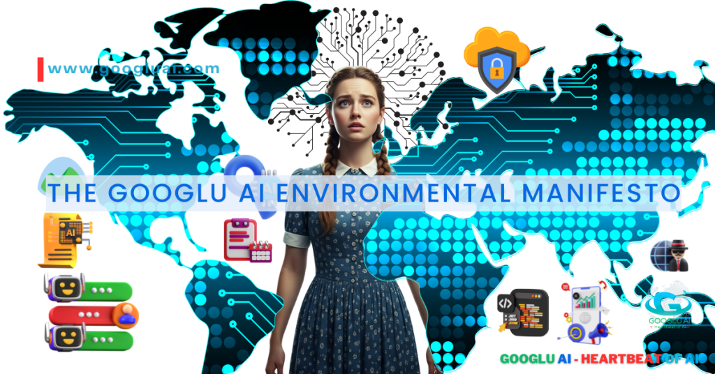 The Googlu AI Environmental Manifesto title overlaying a conceptual illustration with a character resembling Dorothy from the Wizard of Oz standing amidst a glowing world map circuit board. Surrounding her are icons representing key aspects of Sustainable AI and Ethical AI, including AI ethics regulations, environmental compliance checklists, data security (cloud with padlock), server racks, and indicators of AI Carbon Footprint and energy use. This image from Googlu AI (www.googluai.com) symbolizes the journey towards responsible AI governance and Green AI, addressing AI's role in climate change.