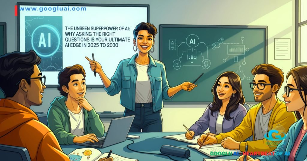 Strategic Questioning in AI and Harnessing AI for future success: A diverse group of young professionals in a modern meeting room, attentively listening to a woman presenting "The Unseen Superpower of AI" on a large screen, symbolizing collaborative learning and forward-thinking in artificial intelligence.