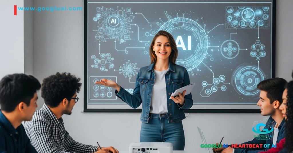 Harnessing AI and Strategic Questioning in AI: A diverse group of young professionals, including individuals of various racial backgrounds, are engaged in a dynamic AI presentation. A woman in a blue dress stands before a large screen displaying "Harnessing AI: The Unseen Superpower of AI: Strategic Questioning in AI in 2025 to 2030," illustrating key motivations and applications.