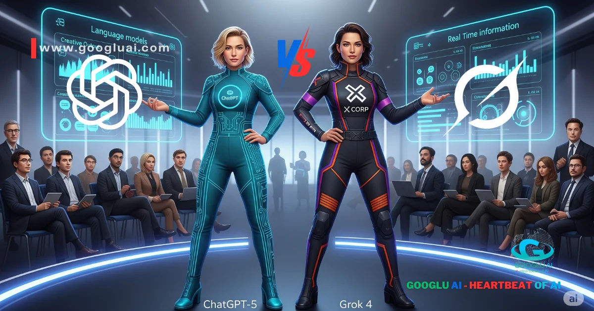 Symbolic representation of the AI rivalry between ChatGPT-5 and Grok 4 in 2025. Two stylized figures, representing the AI models, stand poised with digital interfaces highlighting their strengths (ChatGPT-5: Creative Power, Language Models; Grok 4: Real-Time Information). A diverse audience observes in the background, emphasizing the broad impact of AI comparison. The scene is set against a modern, tech-centric backdrop under the banner "GOOGLU AI - HEARTBEAT OF AI".