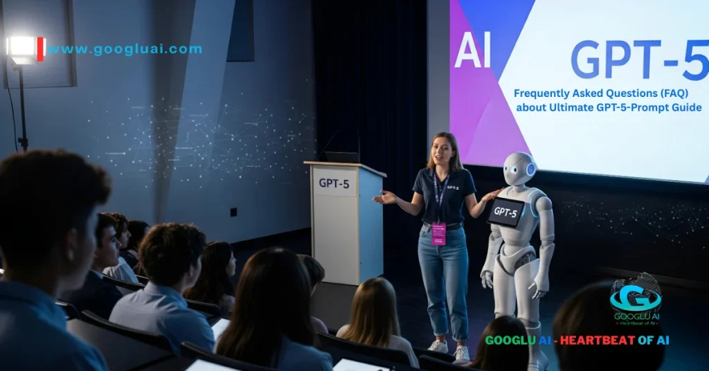 A photorealistic image for the "Frequently Asked Questions (FAQ) about Ultimate GPT-5-Prompt Guide," showing a smiling woman and a humanoid AI robot standing on a stage next to a podium with the GPT-5 logo. They are presenting to a diverse, seated audience in a modern auditorium. A large screen behind them displays the title "AI GPT-5" and "Frequently Asked Questions (FAQ) about Ultimate GPT-5-Prompt Guide." The image focuses on the presenters with the audience in the foreground.