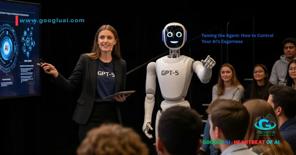A photorealistic image for the article "Taming the Agent: How to Control Your AI's Eagerness," showing a smiling woman and a humanoid AI robot with the GPT-5 logo on their shirts, co-presenting to a student audience. The woman is holding a tablet and gesturing towards a large screen that displays a tech-related diagram. The scene is a modern classroom, with the audience in the foreground.