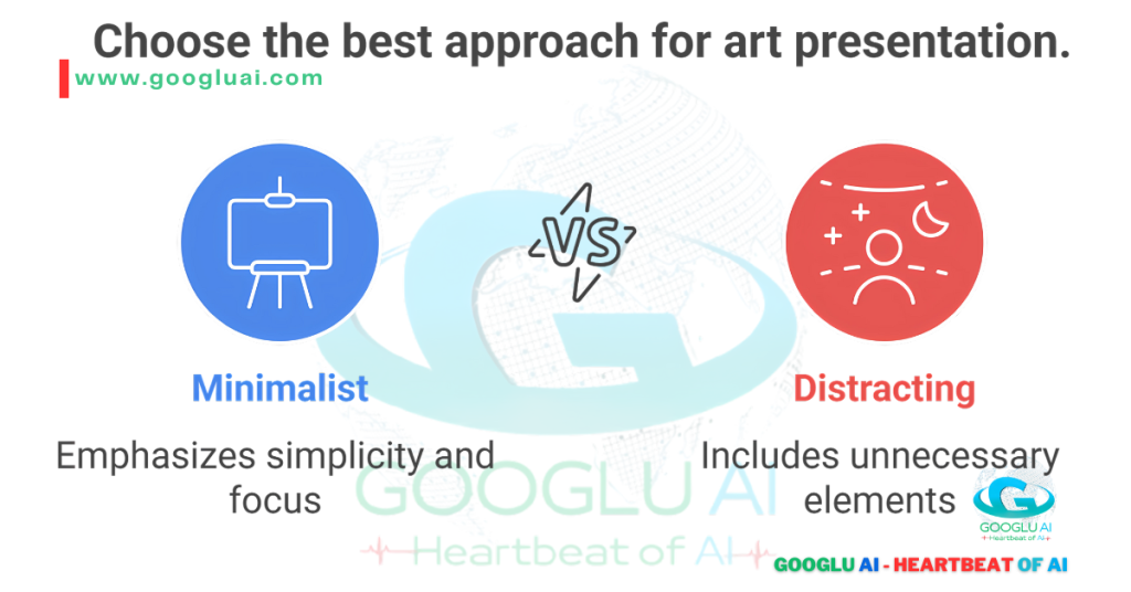 A comparison diagram titled "Choose the best approach for art presentation." On the left, a blue circle with an easel icon is labeled "Minimalist" and "Emphasizes simplicity and focus." On the right, a red circle with various abstract icons (a moon, plus signs, and a face) is labeled "Distracting" and "Includes unnecessary elements." A "VS" icon is in the center. The Googlu AI logo is in the bottom right corner.