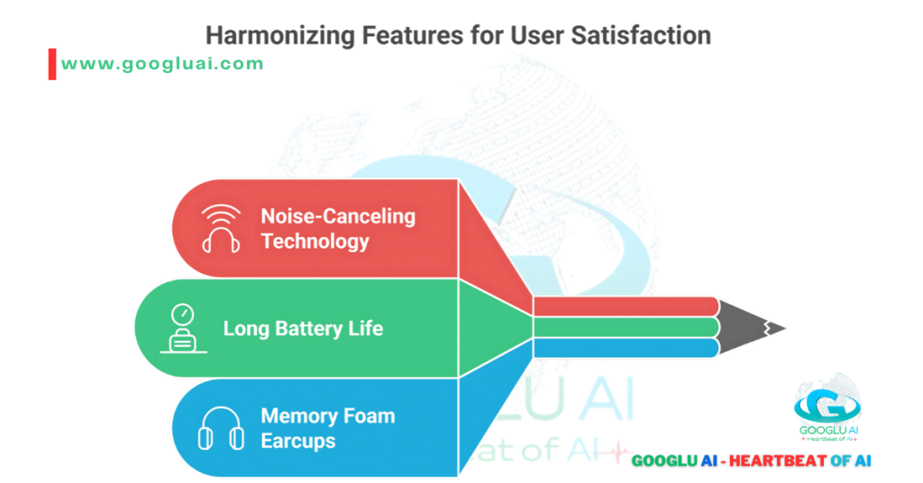 A diagram titled "Harmonizing Features for User Satisfaction." Three colored, rounded rectangles on the left converge into a single pencil tip on the right. The top red block is "Noise-Canceling Technology." The middle green block is "Long Battery Life." The bottom blue block is "Memory Foam Earcups." A descriptive phrase accompanies each feature. The Googlu AI logo is in the bottom right corner.