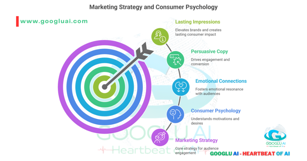 A diagram titled "Marketing Strategy and Consumer Psychology" shows a target on the left with an arrow pointing to a vertical list of five steps on the right. The steps are connected with a curving line and include: 1) "Marketing Strategy," 2) "Consumer Psychology," 3) "Emotional Connections," 4) "Persuasive Copy," and 5) "Lasting Impressions." Each step has a different colored icon and a short description. The Googlu AI logo is in the bottom right corner.