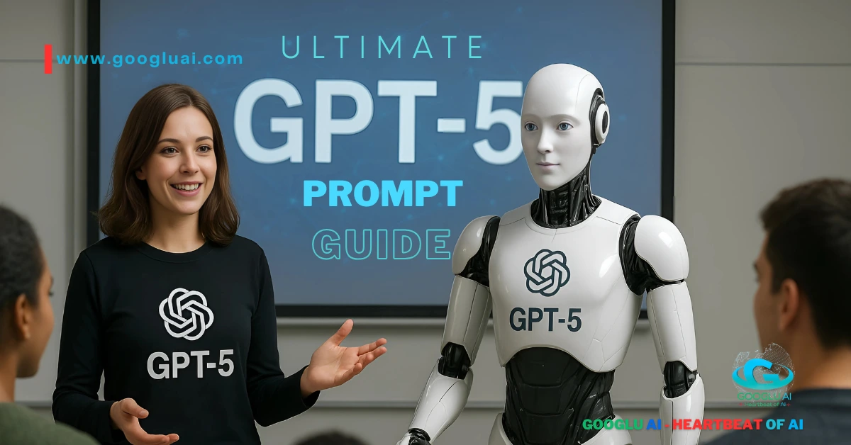 A photorealistic image for the "Ultimate GPT-5-Prompt Guide: Unlock Peak Performance" article, showing a smiling young woman and a friendly-looking humanoid AI robot, both wearing black shirts with the GPT-5 logo, presenting to a diverse student audience in a modern classroom. The background features a large screen with the words "ULTIMATE GPT-5 PROMPT GUIDE" in large text.