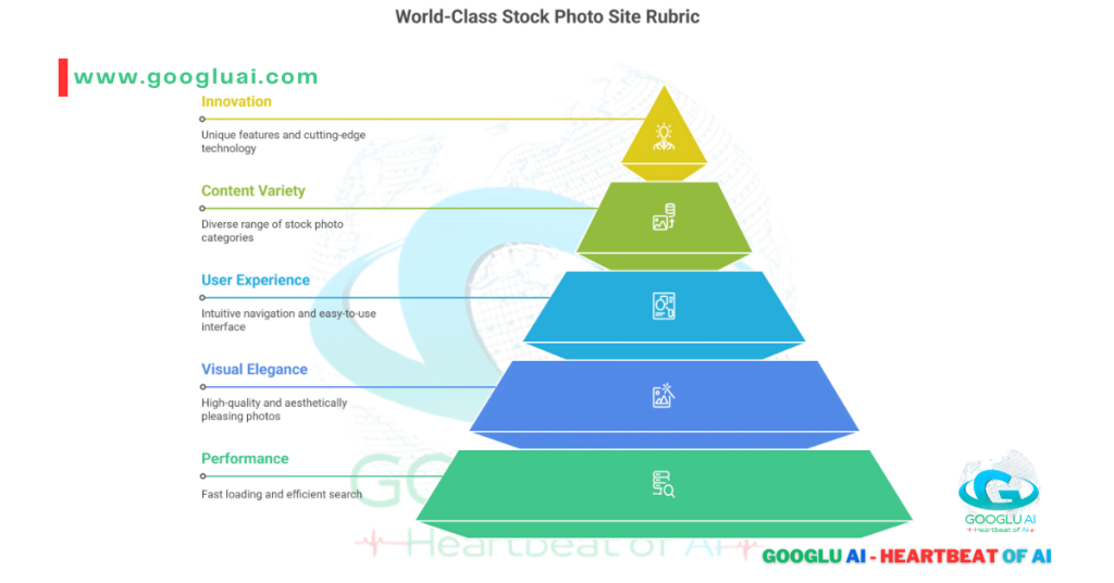 A five-level pyramid diagram titled "World-Class Stock Photo Site Rubric." The pyramid is an inverted stack of colored blocks, with the widest green block at the bottom and the narrowest yellow block at the top. The levels are, from bottom to top: "Performance" (green), "Visual Elegance" (blue), "User Experience" (light blue), "Content Variety" (light green), and "Innovation" (yellow). Each level has an icon and a description. The Googlu AI logo is in the bottom right.