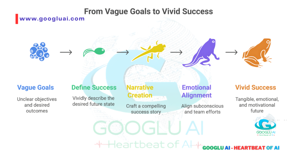 A "Googlu AI" diagram showing the evolution from "Vague Goals" to "Vivid Success," using the metaphor of a frog's life cycle. The stages are "Define Success," "Narrative Creation," and "Emotional Alignment." This visual aid for "ChatGPT prompts for business decisions" helps with "AI for Decision Clarity" and "AI-powered business strategy.