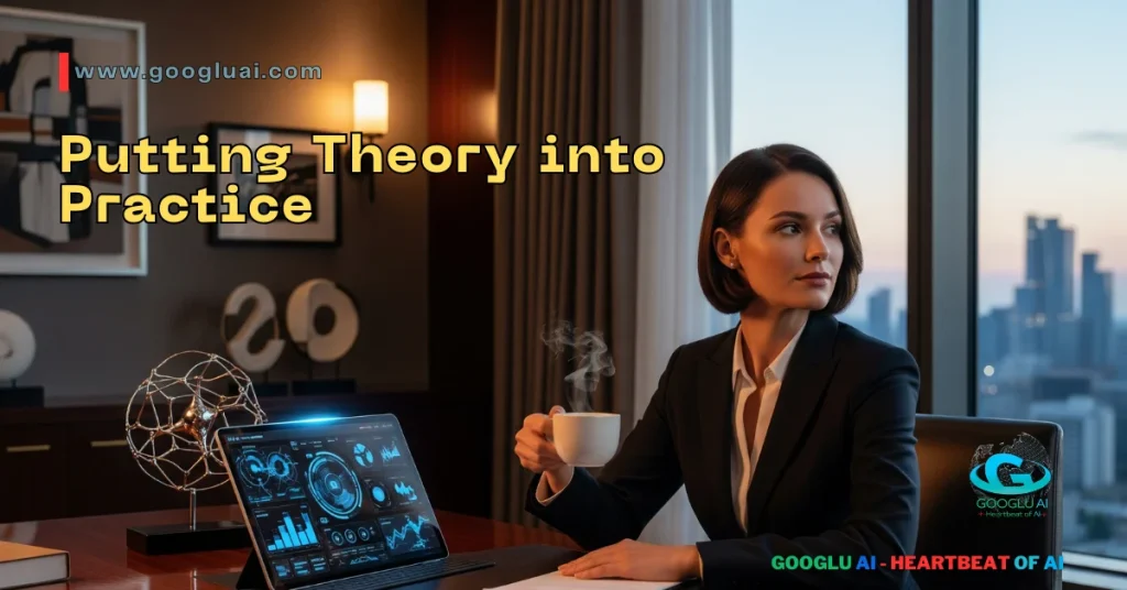 A professional woman in a suit sits at a desk, holding a coffee cup, with a laptop displaying data analytics and a city skyline in the background. The title "Putting Theory into Practice" highlights the application of "10 ChatGPT Prompts for Your Business Decisions" and "high-impact AI prompts" to achieve "AI for Decision Clarity."