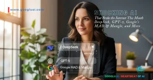 A professional-looking woman in a modern office setting, looking thoughtfully into the distance while her hand appears to interact with a futuristic, holographic interface floating in front of her. The interface lists key AI breakthroughs with their respective logos: "DeepSeek," "GPT-5," and "Google MAD & Mangle." The image's title, "SHOCKING AI That Broke the Internet This Month," is prominently displayed in the top right, and the "Googlu AI - Heartbeat of AI" logo is in the bottom right corner. The visual combines a human element with futuristic technology to represent the new era of AI.