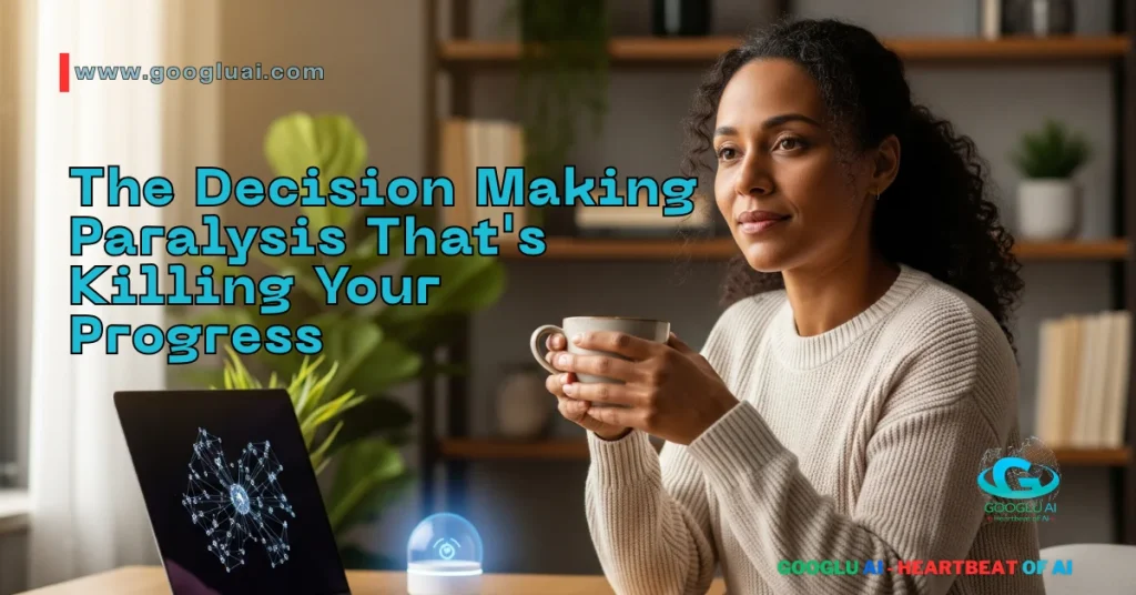 A woman with a thoughtful expression holds a cup of coffee while sitting at a desk with a laptop showing a complex data network. The image, titled "The Decision-Making Paralysis That's Killing Your Progress," represents the challenge that "10 ChatGPT Prompts for Your Business Decisions" helps to overcome by using "high-impact AI prompts" for "AI-Powered Business Strategy."