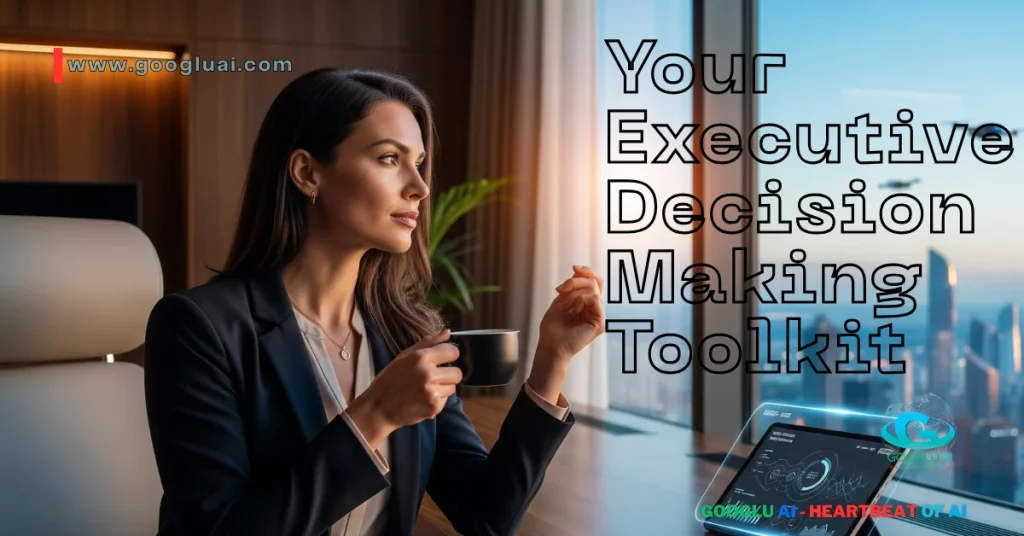 A professional woman in a business suit holding a cup of coffee looks out over a city skyline. In the foreground, a tablet displays data visualizations. The image title is "Your Executive Decision-Making Toolkit," highlighting "10 ChatGPT Prompts for Your Business Decisions" and the use of "high-impact AI prompts" to enhance "AI-Powered Business Strategy."